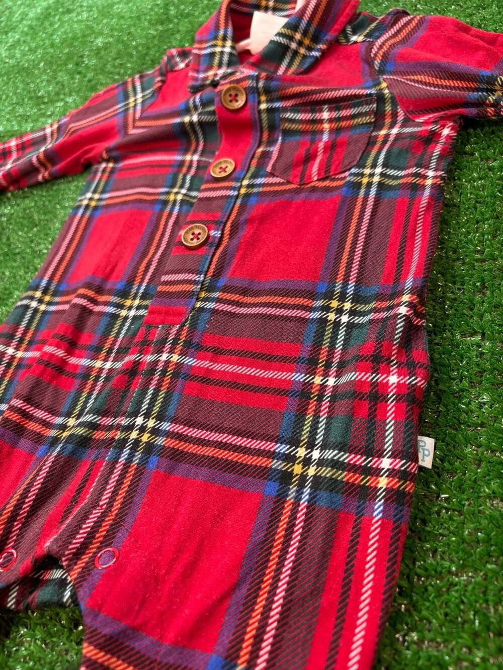 Posh Peanut Red Tartan Plaid Romper Size 3-6 Mos Buttons Collar Footie